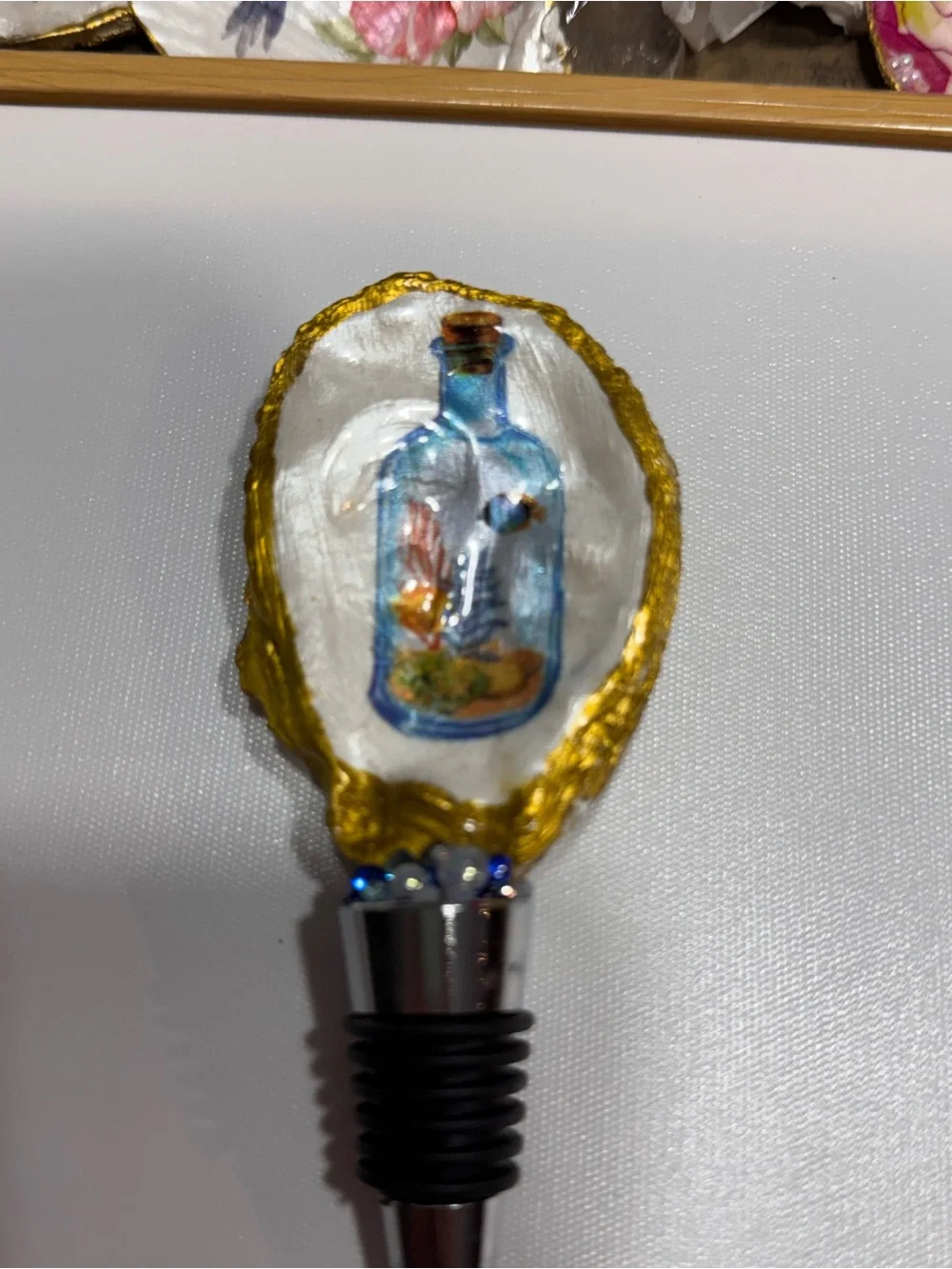 Gold-Trim Bottle Stopper with Blue Bottle Art —Handmade by Me